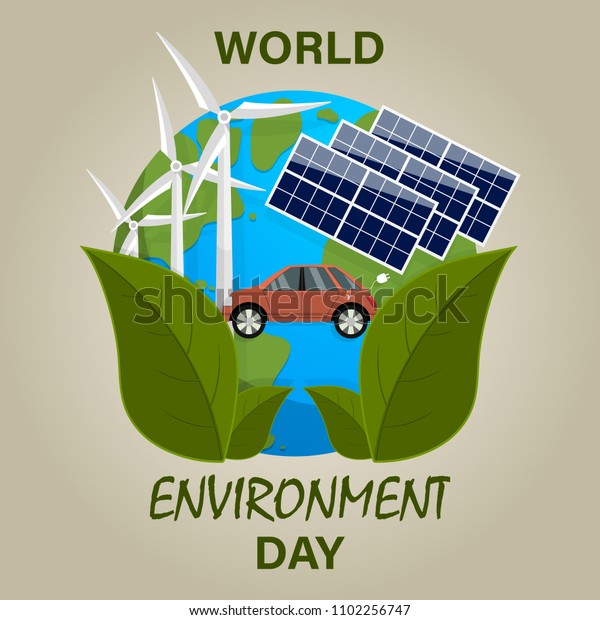 World\
Environment Day. On the planet earth is wind power stations, solar\
batteries, electric vehicle. Vector\
illustration.