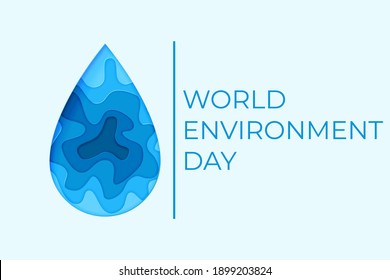 World Environment day.  Paper art concept.The celebration dedicated to help protect, and conserve world oceans, water, ecosystem. Blue 3d origami craft paper of sea waves. Vector isolated illustration