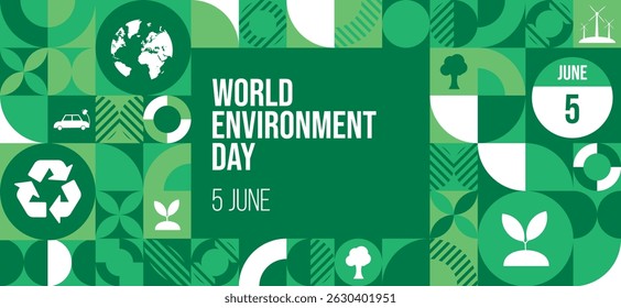 World Environment Day pattern Design. 5th June World Environment Day vector design with globe. Green abstract geometry. Earth day. Sustainability, Ecology, Eco friendly concept. Vector illustration.