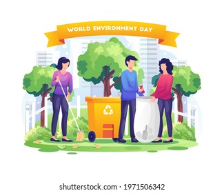 World Environment Day with People are gardening and cleaning the Earth. save the planet flat vector illustration