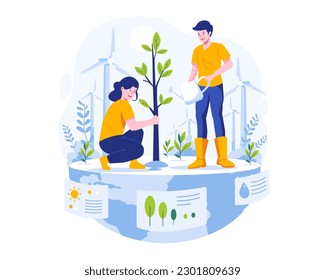 World Environment Day. People are gardening the earth. A Couple planting and watering a tree for green nature environmental protection. Save our planet