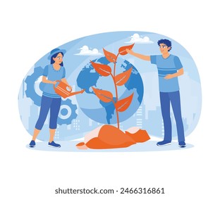 World Environment Day. People plant trees together. Bio-Technology concept. Flat vector illustration.