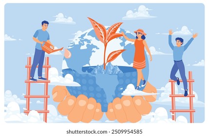 World Environment Day. People save the green planet's environment. Earth Day concept. Flat vector illustration.