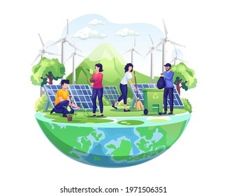 World Environment Day with People are taking care of the earth by gardening and cleaning. save the planet flat vector illustration