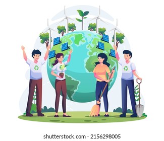 World Environment Day with People are taking care of the earth by gardening and cleaning flat vector illustration