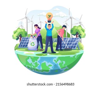 World Environment Day with People are taking care of the earth by gardening and cleaning. save the planet save energy flat vector illustration