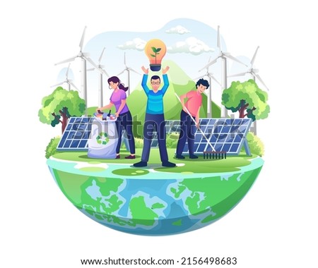 World Environment Day with People are taking care of the earth by gardening and cleaning. save the planet save energy flat vector illustration