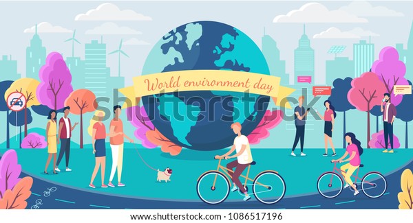 World environment day. People\
walking in the ecological clean park. No car day. Car free\
day