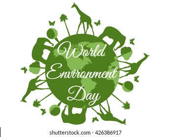 World Environment Day, planet earth with animals. Vector.