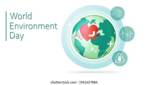 World Environment Day. Planet with icons. Enviroment protection. Vector stock illustration. White background.
Caring for environment using modern technologies. Health.
Icons of energy technologies.