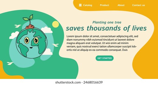 World environment day planning one tree save thousand of lives web banner, poster with earth and plant. One continuous line drawing	
