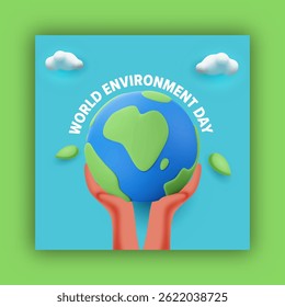 World Environment Day Post with 3D Illustration of a Person Holding Earth Planet for Save Nature.