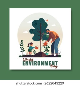 World Environment Day Post with a Father and Daughter Together Watering on Plant for Healthy Life or Save Future.