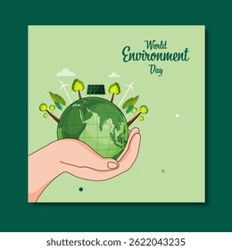World Environment Day Post with a Person Holding Earth, Tree, Solar Panel and Windmill Illustration for Renewable Energy and Green Future.