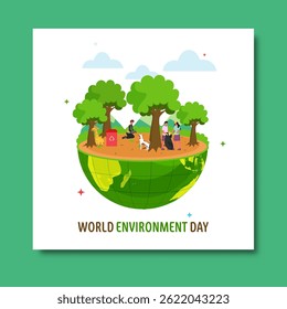 World Environment Day Post with Recycling and Community People Cleaning Garbage at Ground for Healthy and Sustainable Future Illustration.