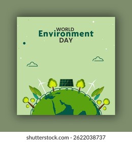 World Environment Day Post with Tree, Solar Panel and Windmill in Earth Planet Illustration for Renewable Energy and Green Future.