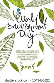 World Environment Day poster. 5 June lettering with leaves decor. Vector illustration