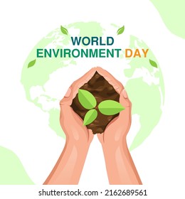 World Environment Day Poster or Banner. Hand holding and caring for a green young plant concept. Save the planet earth and heal the world. Vector Illustration