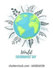 World Environment day poster with branches and text. Cartoon Earth planet isolated on white background. 