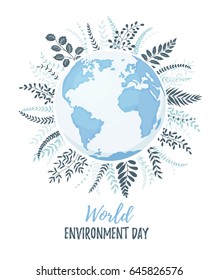 World Environment day poster with branches and text. Cartoon Earth planet isolated on white background. 