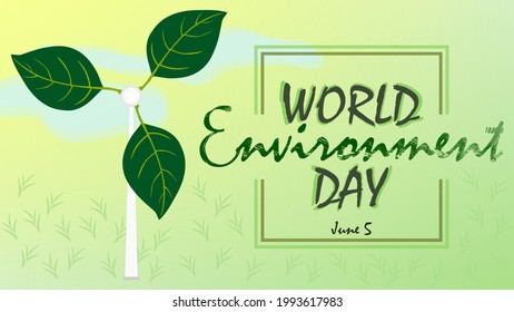 World environment day poster card with wind power plant, green plant leaves as wind power plant wings and grass on green background.