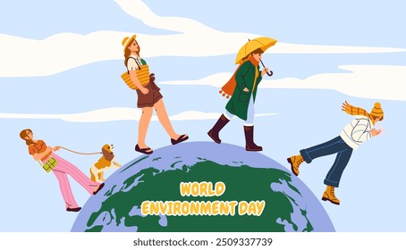 World environment day poster. Care about nature and ecology. Eco friendly activists and volunteers. International holiday and festival of awareness. Flat vector illustration