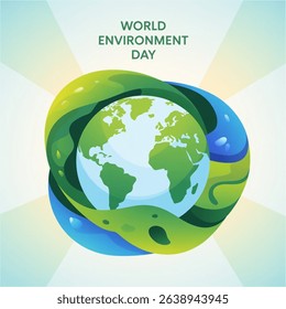 World Environment Day poster design with Earth. World Environment Day poster design with fluid green and blue shape.  Illustration Vector.