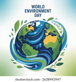 World Environment Day poster design with Earth. World Environment Day poster design with fluid green and blue shape.  Illustration Vector.