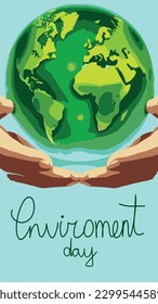 world environment day poster. earth day  two hands holding global earth  vector illustration design postcard green planet
