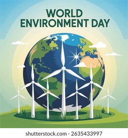 World Environment Day Poster. Earth globe and environmentally friendly power making turbines. Ecological concept. Vector illustration.
