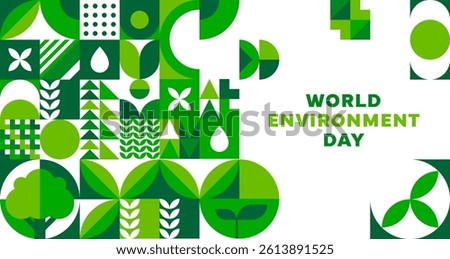 World environment day poster with geometric pattern in green and white color. Vector template with trees, leaves, drops, and abstract nature symbols promoting sustainability and ecological awareness