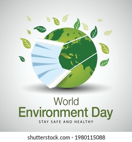world environment day poster. global earth wearing surgical mask. covid-19, corona virus concept. vector illustration design.