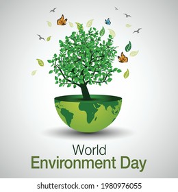 world environment day poster. global earth and green tree, butterflies. vector illustration design.