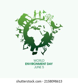 World Environment Day Poster with green global environment silhouette icon vector. Planet Earth with fauna and flora icon. Polluted environment symbol. Industry and nature vector. Important day
