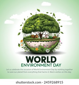 world environment day poster. green plant and globe. abstract vector illustration design.