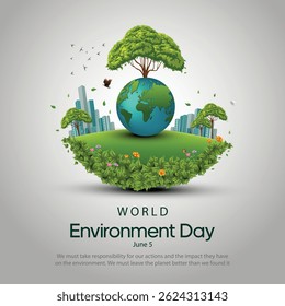 world environment day poster. green plant and globe. abstract vector illustration design.