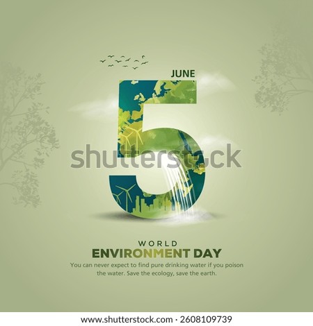world environment day poster. green plant, earth, city all into 5 letter. abstract vector illustration design.