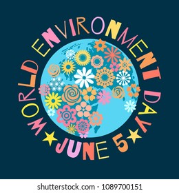 World Environment Day poster.  Greeting text written around cartoon globe covered with flowers. Vector illustration isolated on dark blue night sky background.