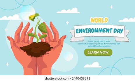 World environment day poster. Hands with stem of plants. Care about ecology and nature. Sprout of flowers. Landing webpage design. Activist and volunteer. Cartoon flat vector illustration