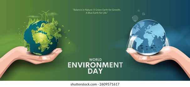 world Environment day day poster. hands holding green plant earth and save water earth. creative vector illustration design. Banner, card.