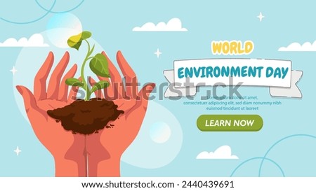 World environment day poster. Hands with stem of plants. Care about ecology and nature. Sprout of flowers. Landing webpage design. Activist and volunteer. Cartoon flat vector illustration