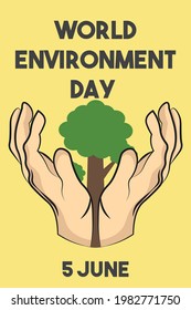world environment day poster with illustration of trees and praying hands
