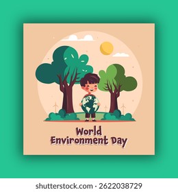 World Environment Day Poster with Illustration of Cute Boy Holding Planet Earth for Save Nature.