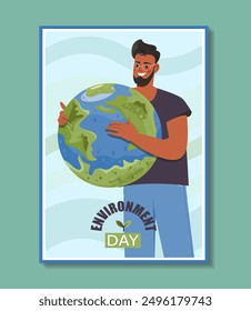 World environment day poster. Man holds planet in his hands. Caring for nature and environment. International holiday and festival. Flat vector illustration isolated on blue background