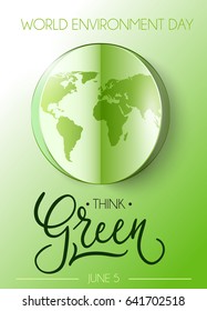 World Environment Day poster with modern lettering. Eco friendly vector illustration with realistic cutout world map. Eco friendly concept and environmental template for banner, poster, leaflet, card.