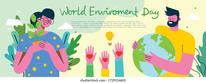 World environment day poster with people holding earth globe. Protect environment green eco concept. Green and peaceful illustration in modern flat style.