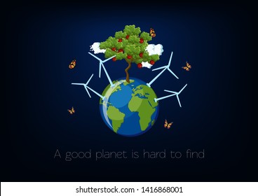 World Environment Day poster with planet Earth globe, green apple tree, wind turbines, clouds and flying butterflies on dark blue background. Ecology concept. Cartoon vector illustration.