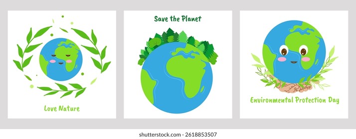 World Environment Day poster set Earth day. Green nature, Eco organic ecology. Design web page presentation postcard brochure, flyer template. Vector illustration.