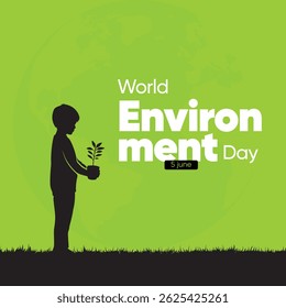 World Environment Day Poster. Silhouette of Boy Holding Plant, Green Earth Background, Save our planet, June 5.