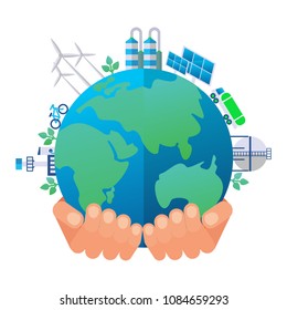 World environment day poster template. Environmentally friendly plants and industries that do not pollute the environment. Flat vector illustration.
